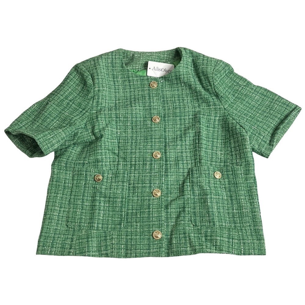 AlisOker Tweed Jacket Womens Small Green Gold Button Short Sleeve Crop Coat Chic